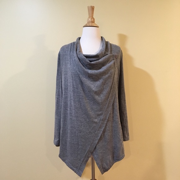Cowl Neck Rolled Sleeve Wrap Cardigan Sweater Grey - Picture 3 of 6